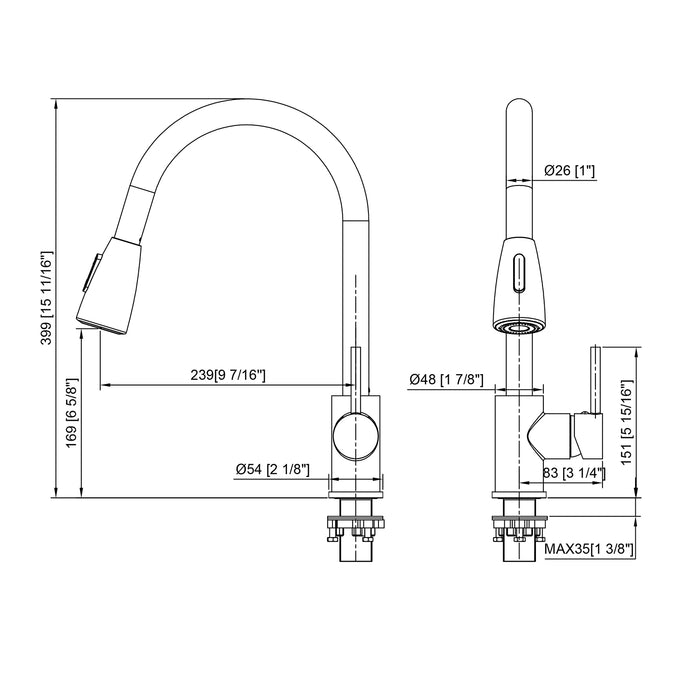 Retractable Spout Kitchen Faucets - DuoFaucets Product Size Image