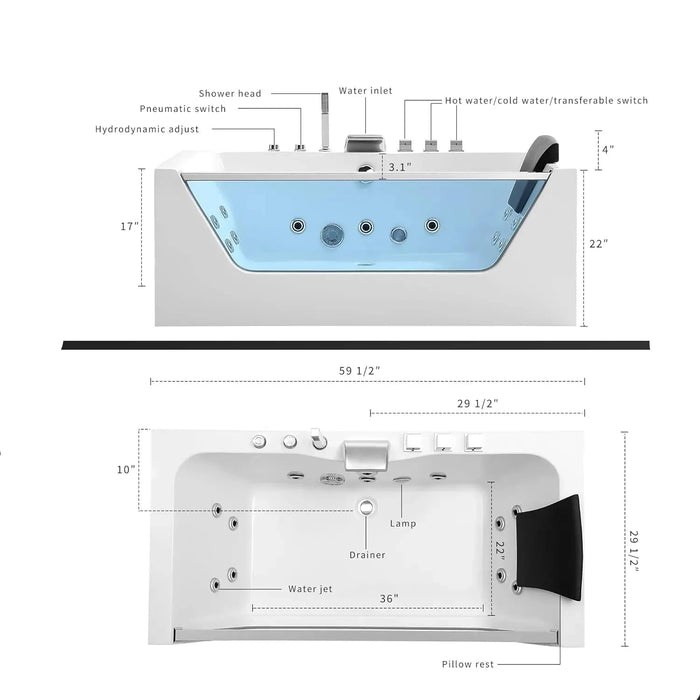  Light Hydromassage Whirlpool Bathtub - DuoFaucets Product Size Image