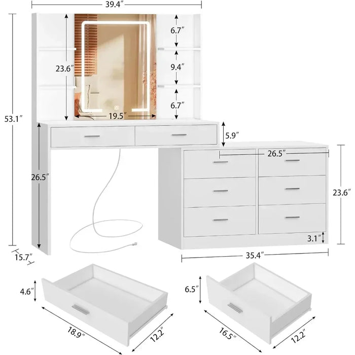 LED Lighted Mirror Power Outlet Makeup Vanity Table