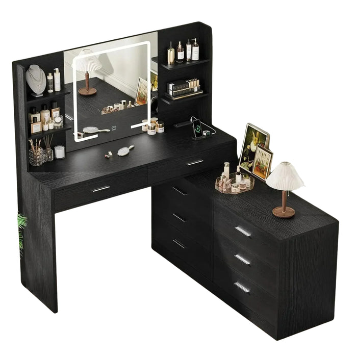 LED Lighted Mirror Power Outlet Makeup Vanity Table